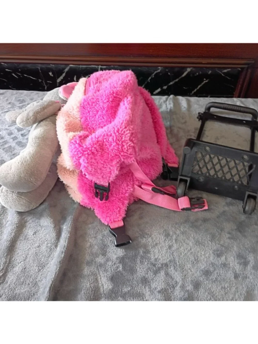 Back Pack Fluffy Pink With Plush Elephant